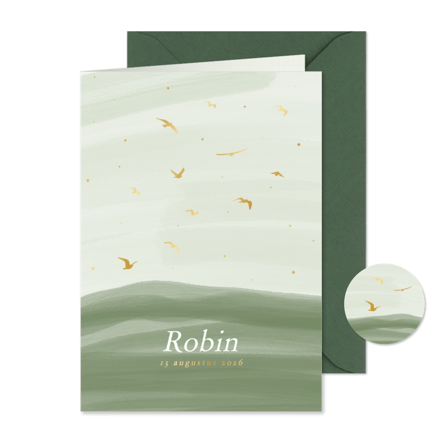 Stijlvol groen geboortekaartje waterverf en vogels goudfolie - Kaartimpressie