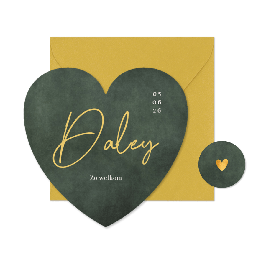 Stijlvol groengeboortekaartje jongen in hartvorm uitgesneden - Kaartimpressie