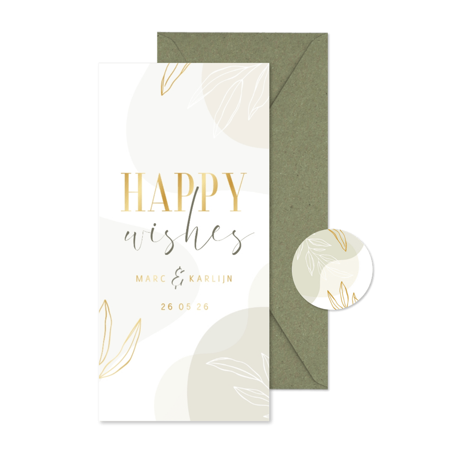 Stijlvol invulkaartje Happy Wishes met blaadjes - Kaartimpressie