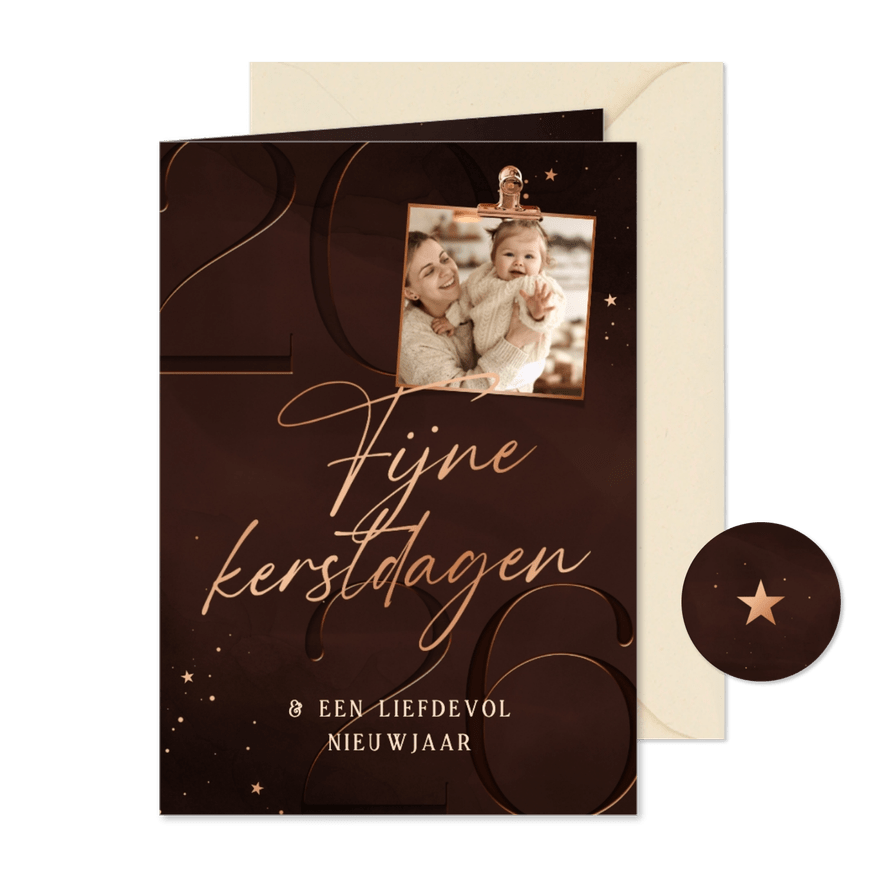 Stijlvol kerstkaartje 2026 fijne kerstdagen koper met foto - Kaartimpressie