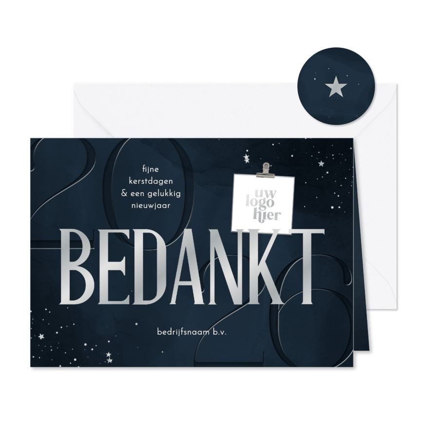 Stijlvol kerstkaartje bedankt met logo zilver donkerblauw - Kaartimpressie