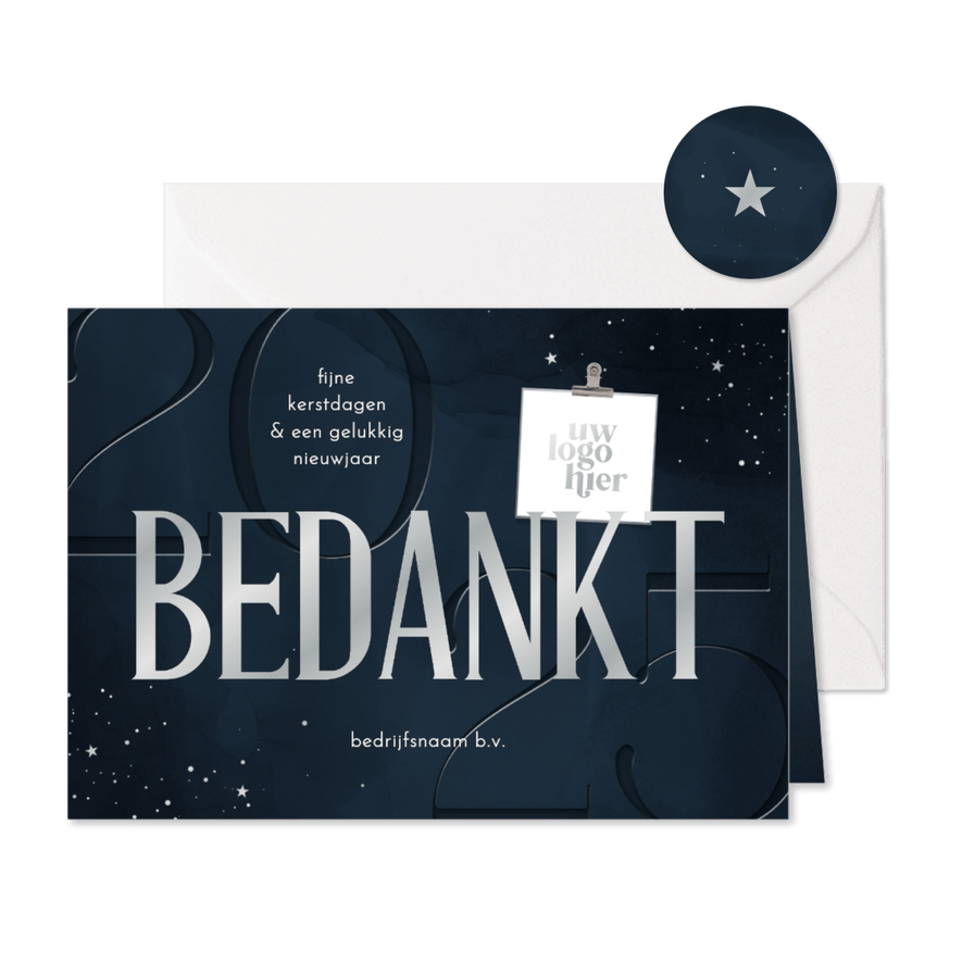 Stijlvol kerstkaartje bedankt met logo zilver donkerblauw - Kaartimpressie