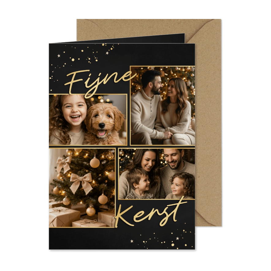 Stijlvol kerstkaartje fijne kerst collage vier foto's goud - Kaartimpressie