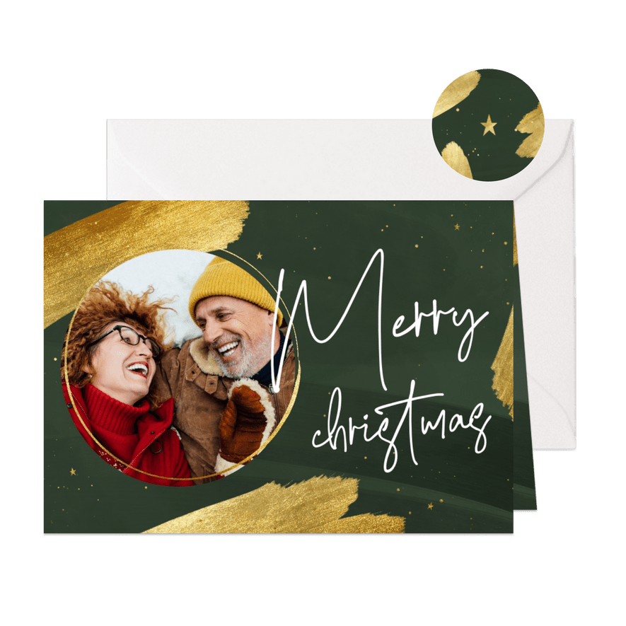 Stijlvol kerstkaartje foto gouden verf merry christmas - Kaartimpressie