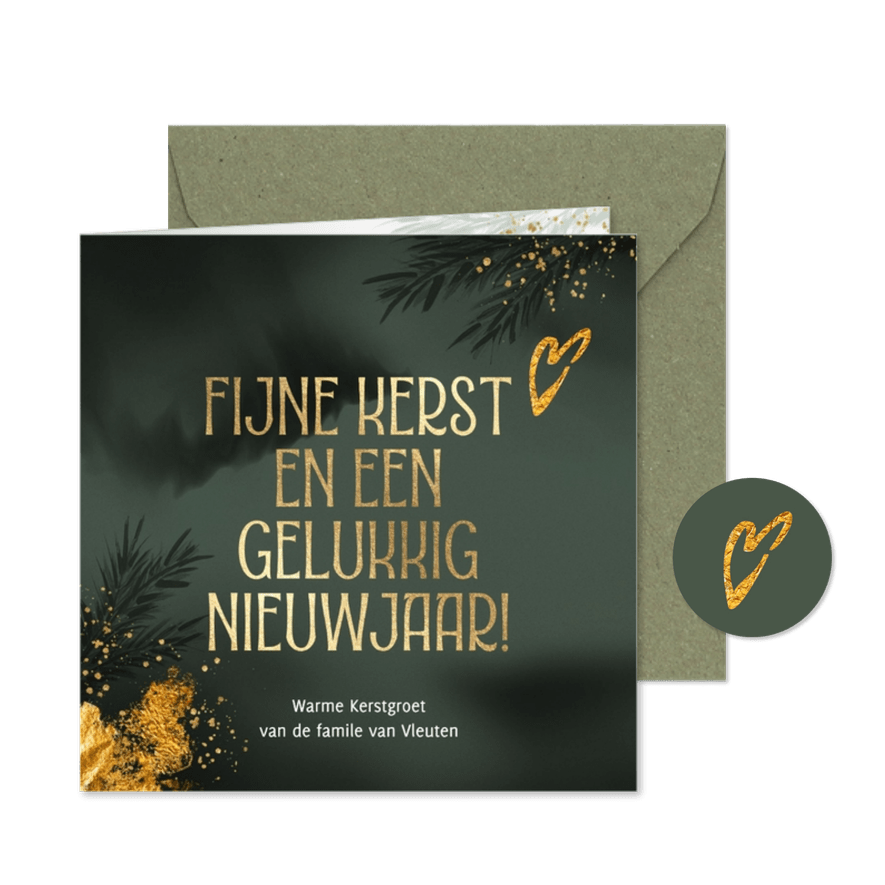 Stijlvol kerstkaartje goud tekst en hartje - Kaartimpressie