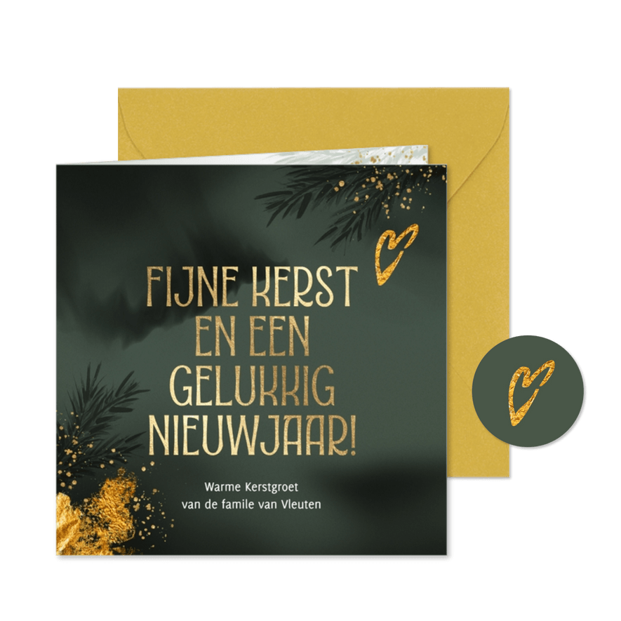 Stijlvol kerstkaartje gouden tekst en hartje - Kaartimpressie