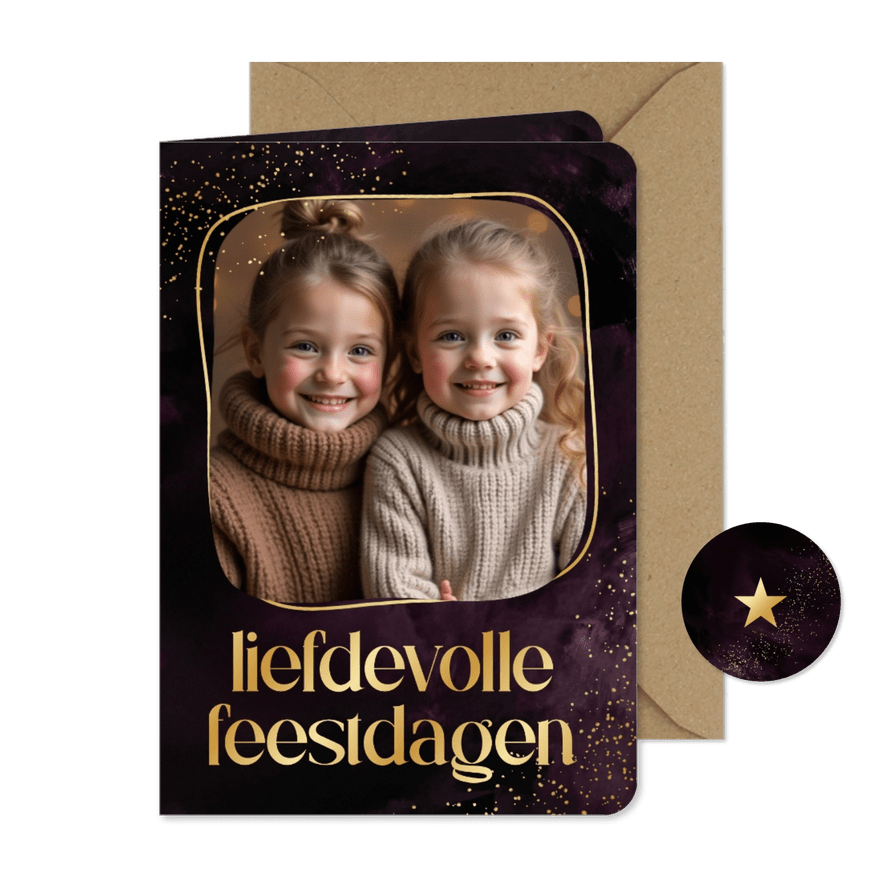 Stijlvol kerstkaartje liefdevolle feestdagen foto paars goud - Kaartimpressie
