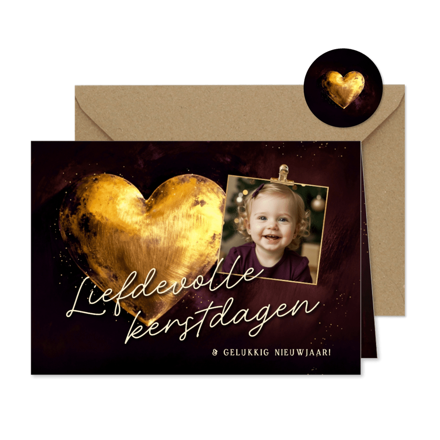 Stijlvol kerstkaartje met foto rood gouden hart liefdevol - Kaartimpressie