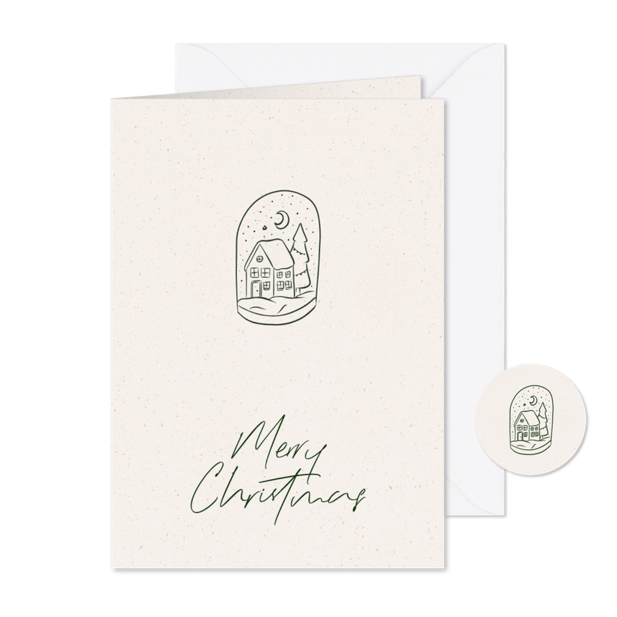 Stijlvol kerstkaartje met illustratie van huisje in stolp - Kaartimpressie