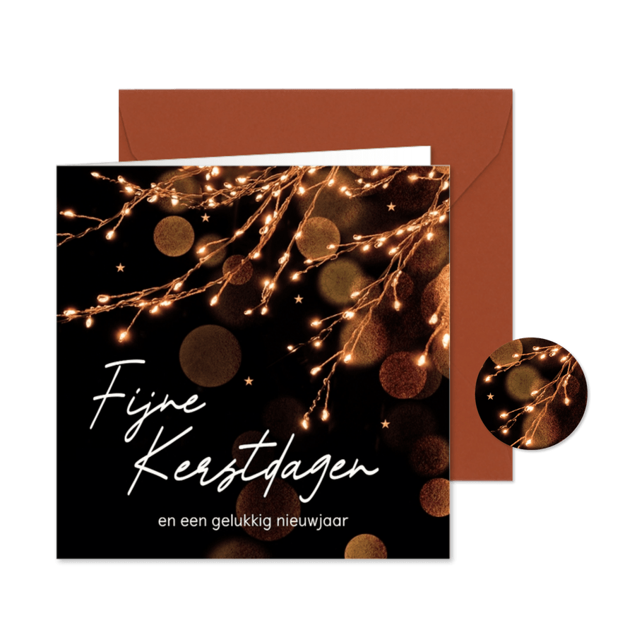 Stijlvol kerstkaartje met kerst lichtjes in takken - Kaartimpressie