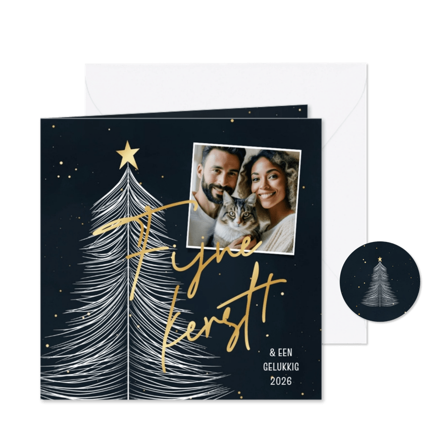 Stijlvol kerstkaartje met kerstboom gouden spetters en foto - Kaartimpressie