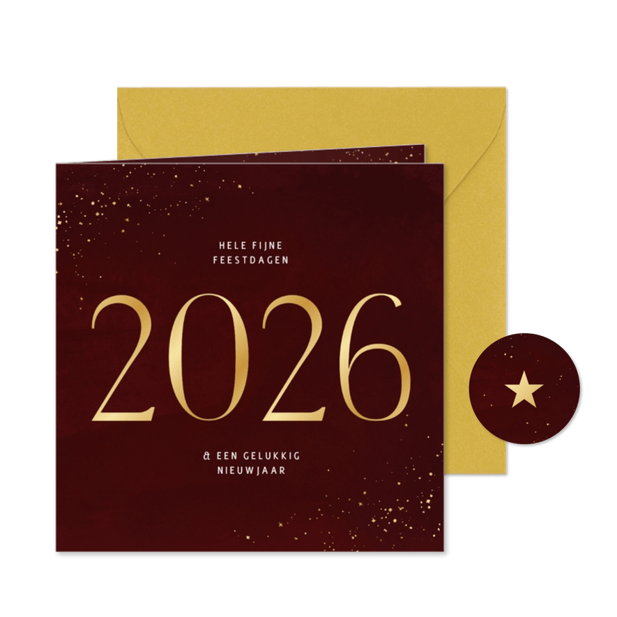 Stijlvol kerstkaartje met kerstwens en groot 2026 in goud - Kaartimpressie