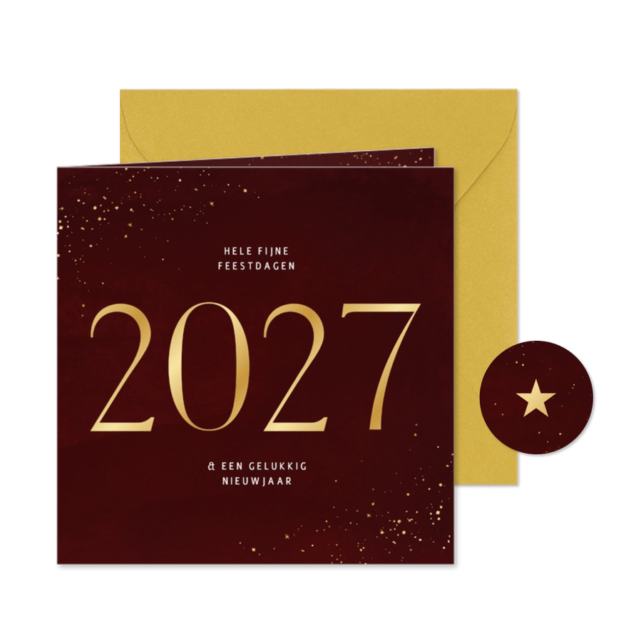 Stijlvol kerstkaartje met kerstwens en groot 2027 in goud - Kaartimpressie