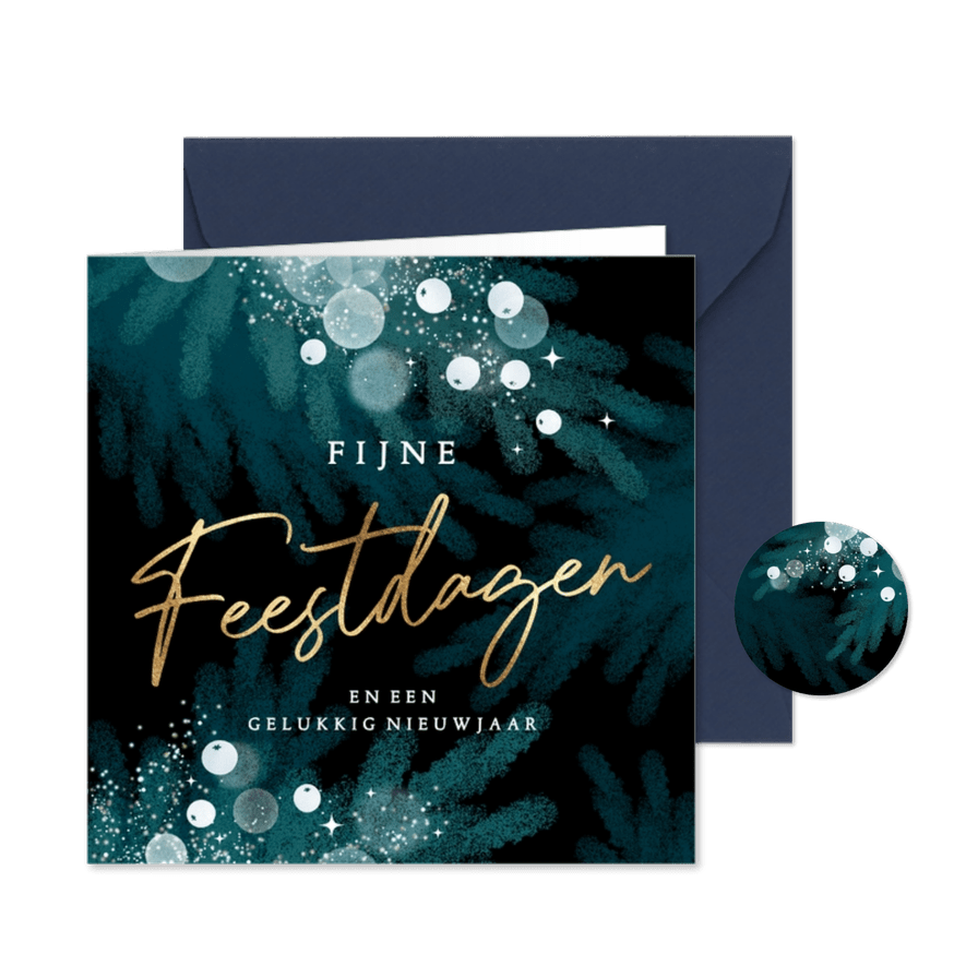 Stijlvol kerstkaartje met sjieke blauwe dennentakken - Kaartimpressie