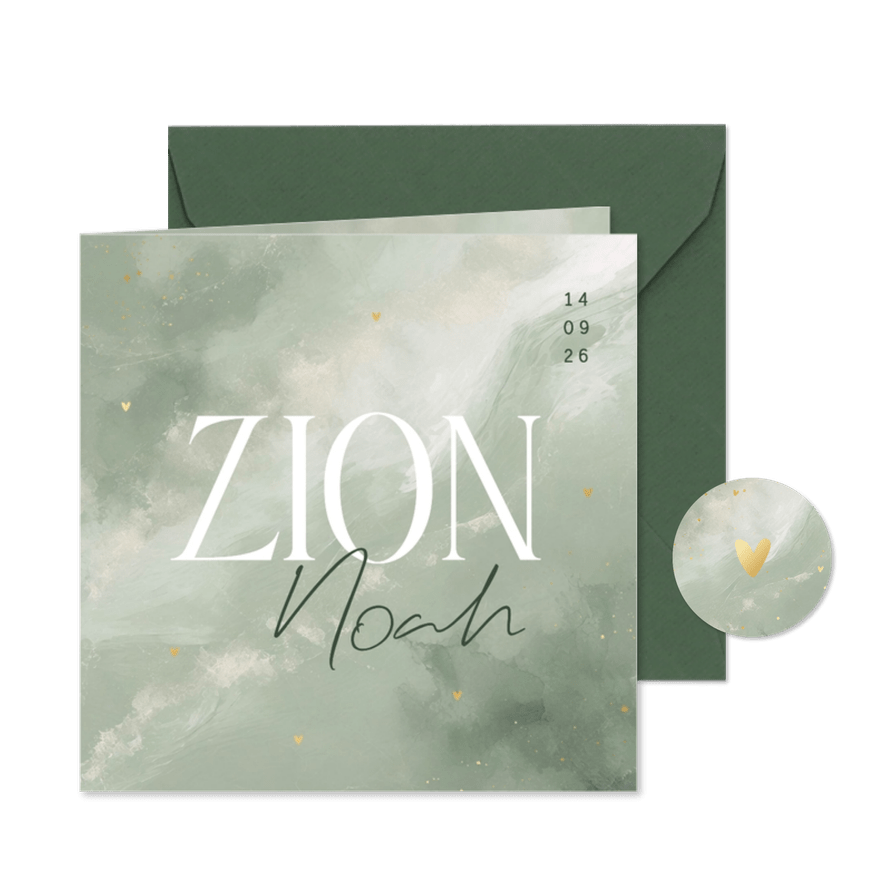 Stijlvol lichtgroen geboortekaartje waterverf goud spetters - Kaartimpressie