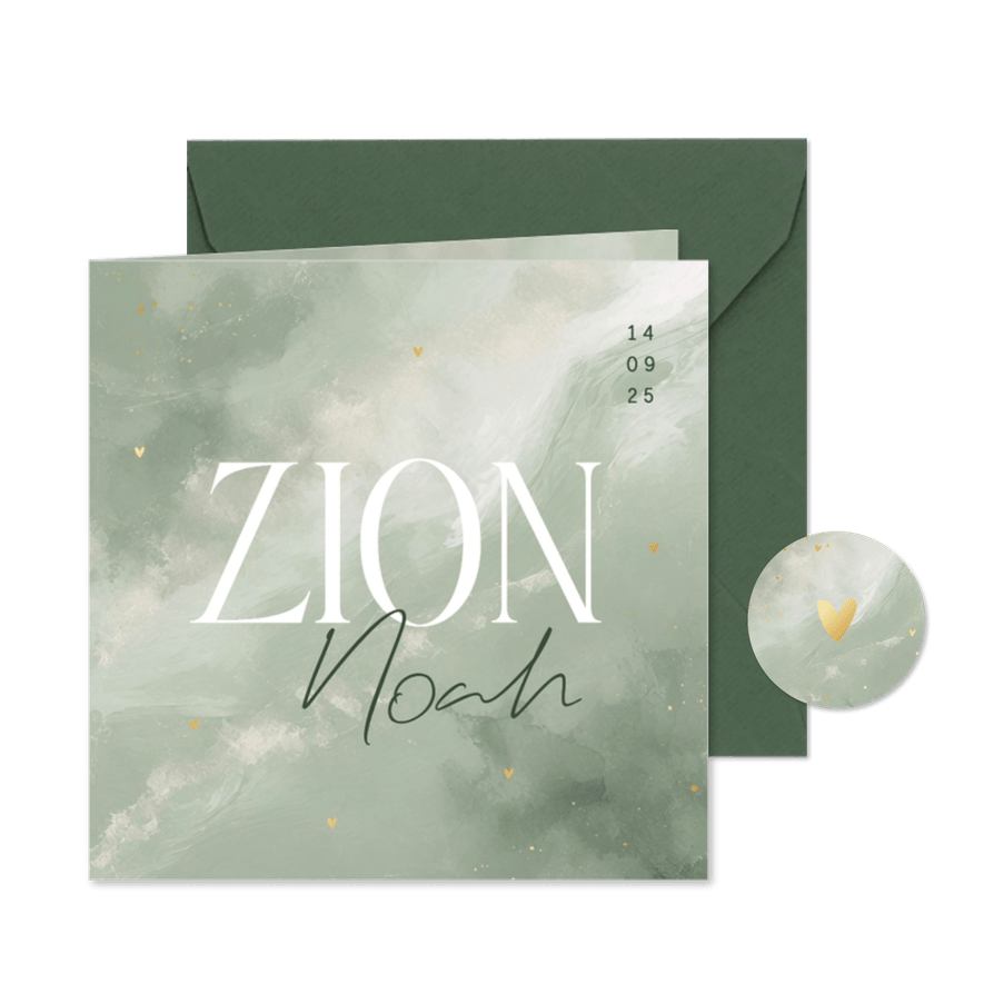 Stijlvol lichtgroen geboortekaartje waterverf goud spetters - Kaartimpressie