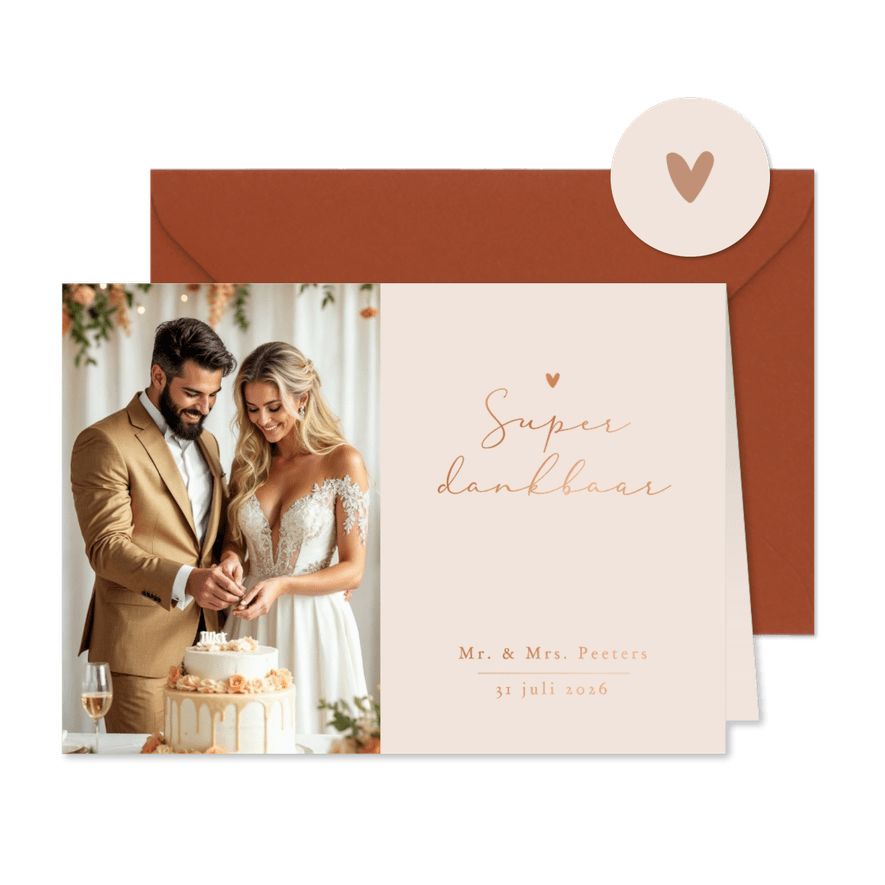 Stijlvol minimalistisch bedankkaart romantisch hartje koper - Kaartimpressie