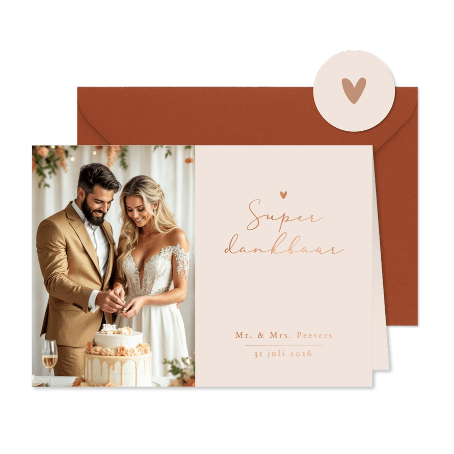 Stijlvol minimalistisch bedankkaart romantisch hartje koper - Kaartimpressie