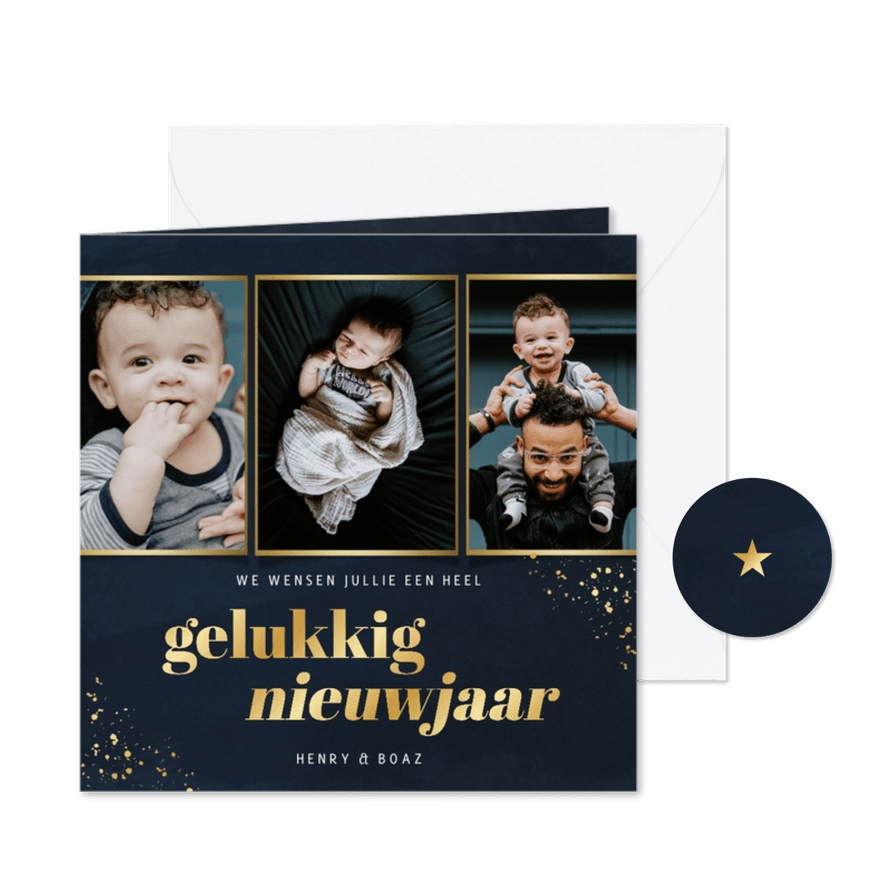 Stijlvol nieuwjaarskaartje blauw met fotocollage goud - Kaartimpressie