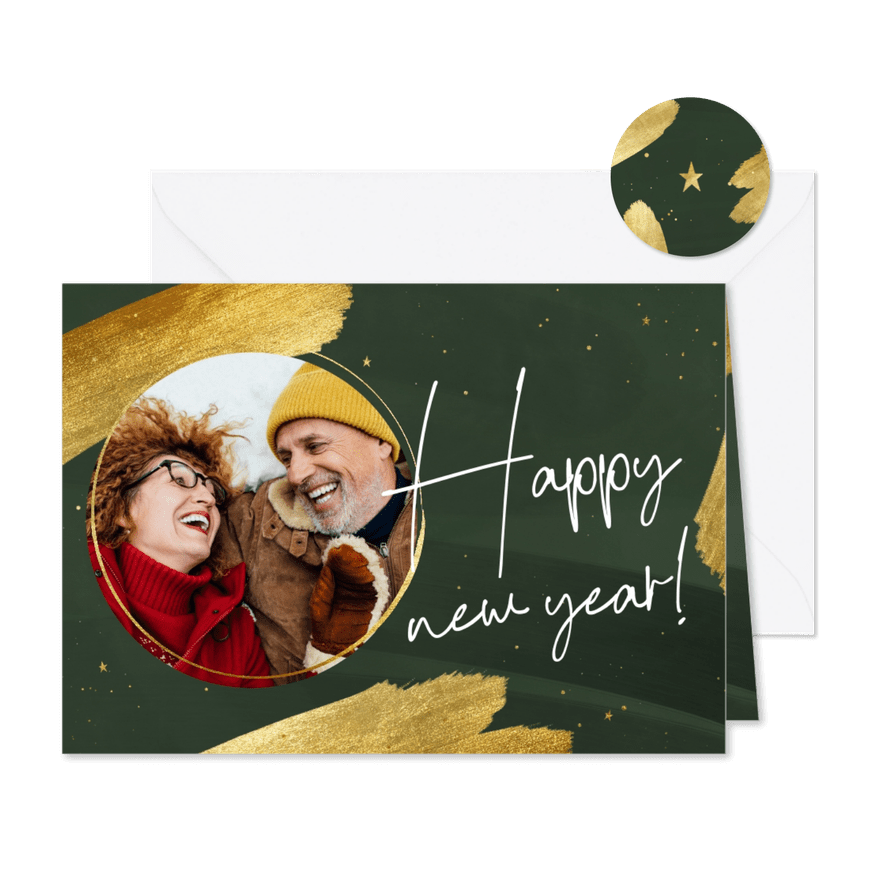 Stijlvol nieuwjaarskaartje foto gouden verf happy new year! - Kaartimpressie