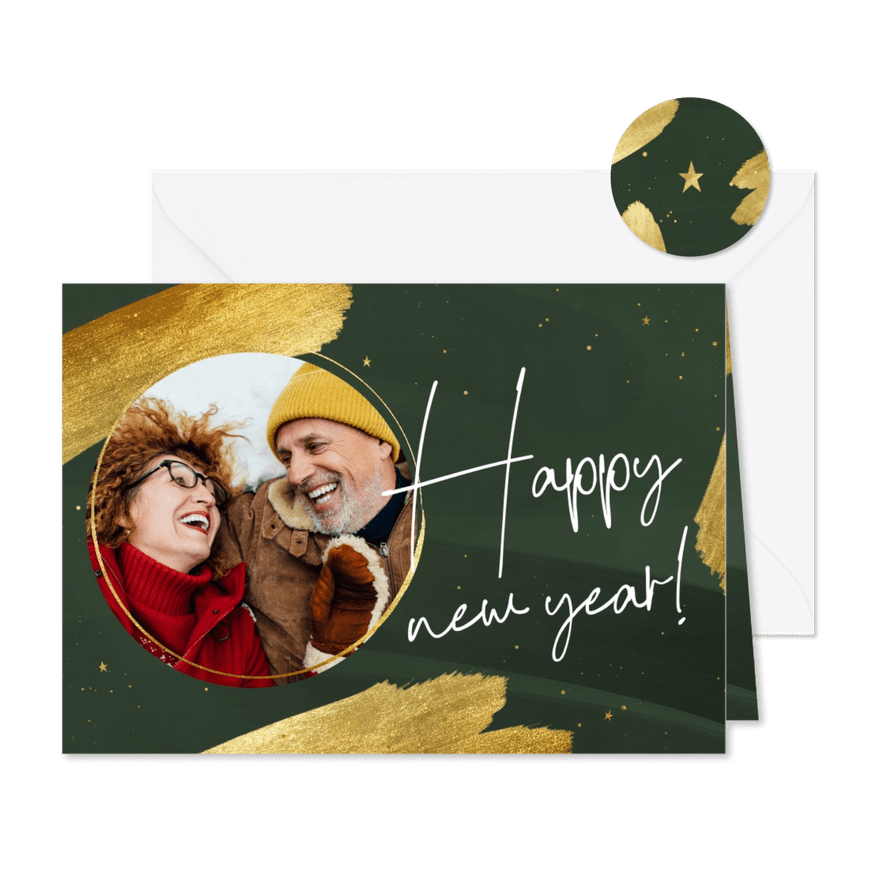 Stijlvol nieuwjaarskaartje foto gouden verf happy new year! - Kaartimpressie