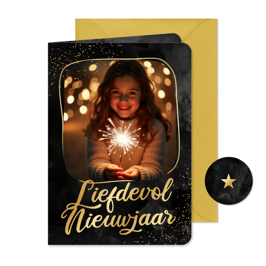 Stijlvol nieuwjaarskaartje met foto liefdevol nieuwjaar goud - Kaartimpressie