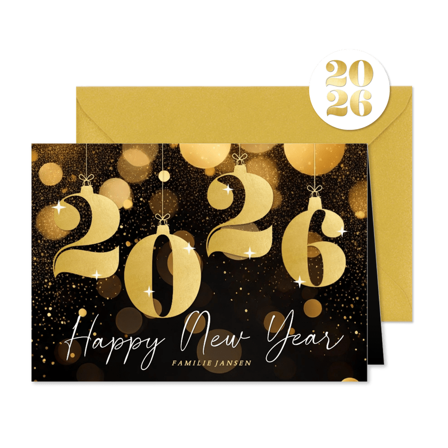 Stijlvol nieuwjaarskaartje zwart met gouden 2026 glitters - Kaartimpressie