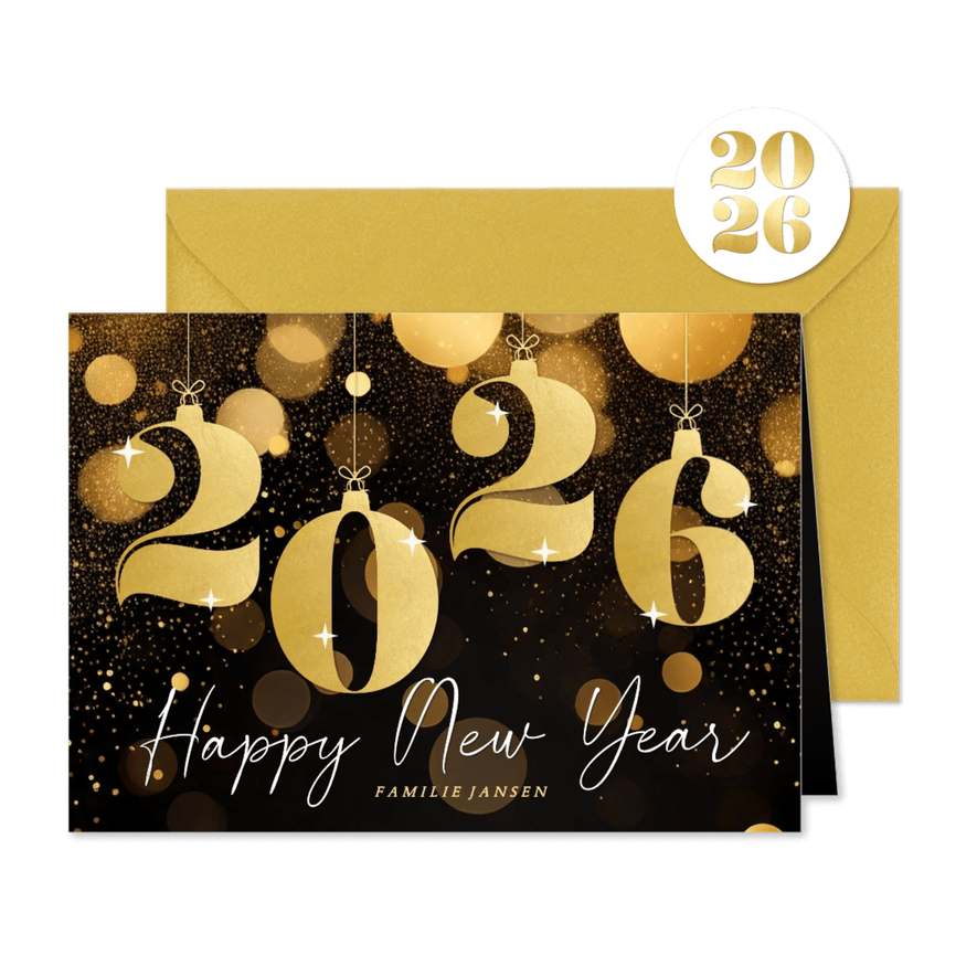 Stijlvol nieuwjaarskaartje zwart met gouden 2026 glitters - Kaartimpressie