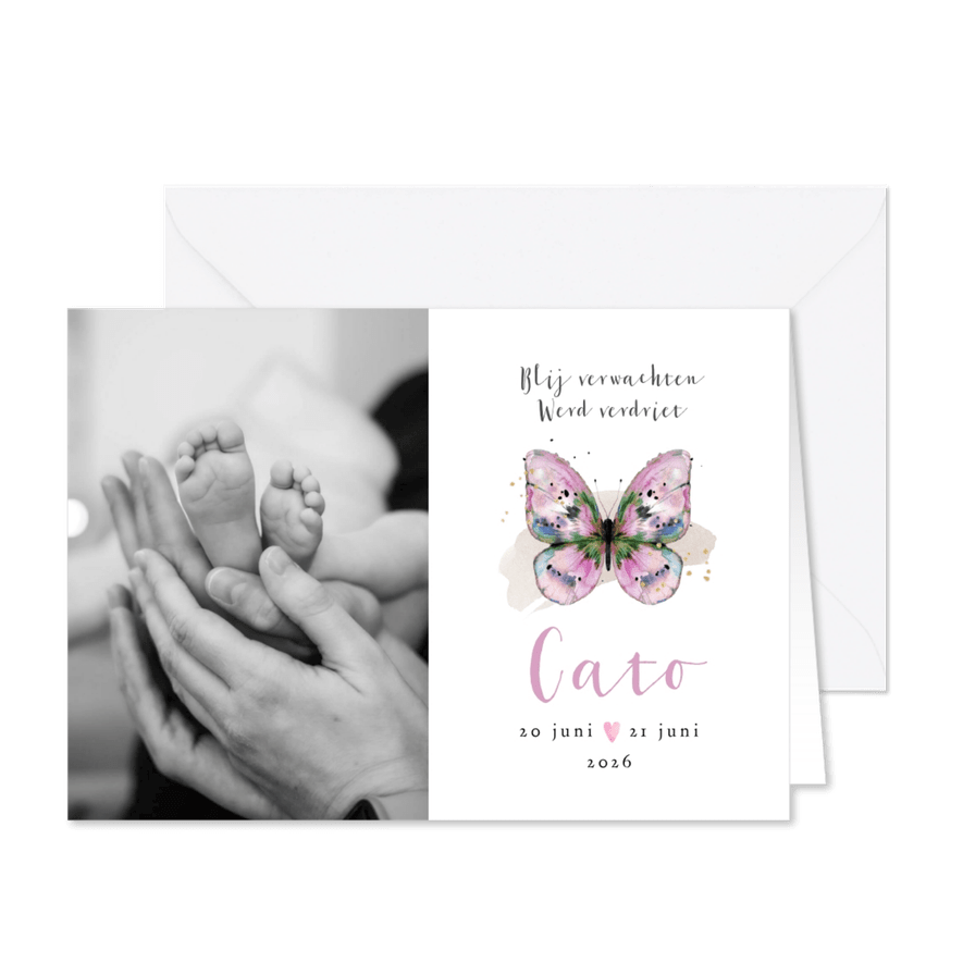 Stijlvol rouwkaartje baby vlinder waterverf roze foto hart - Kaartimpressie