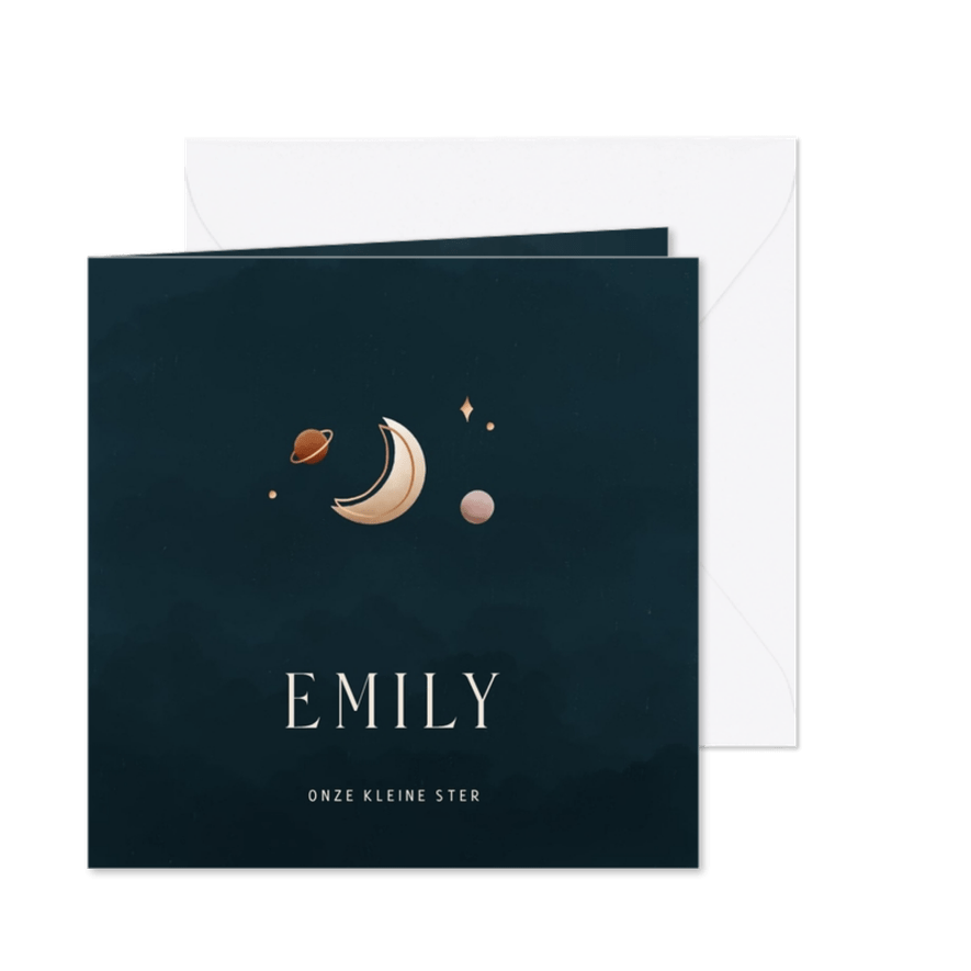 Stijlvol rouwkaartje met een maan en planeetjes - Kaartimpressie