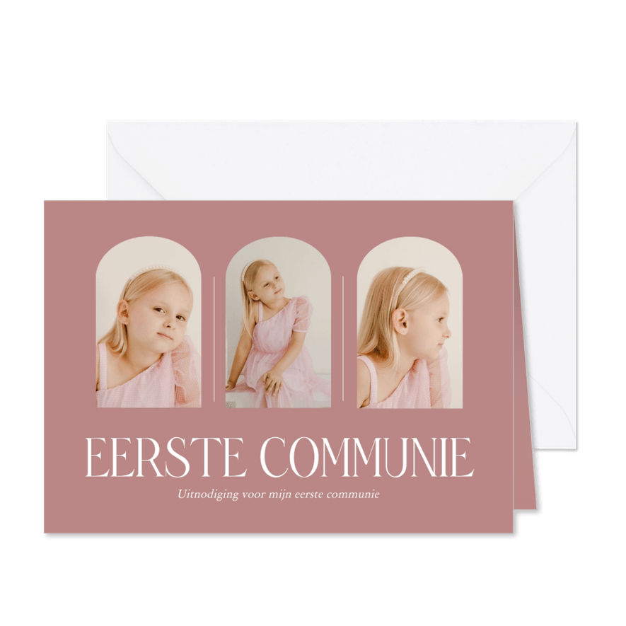 Stijlvol roze fotocollage kaartje voor communie met bogen - Kaartimpressie