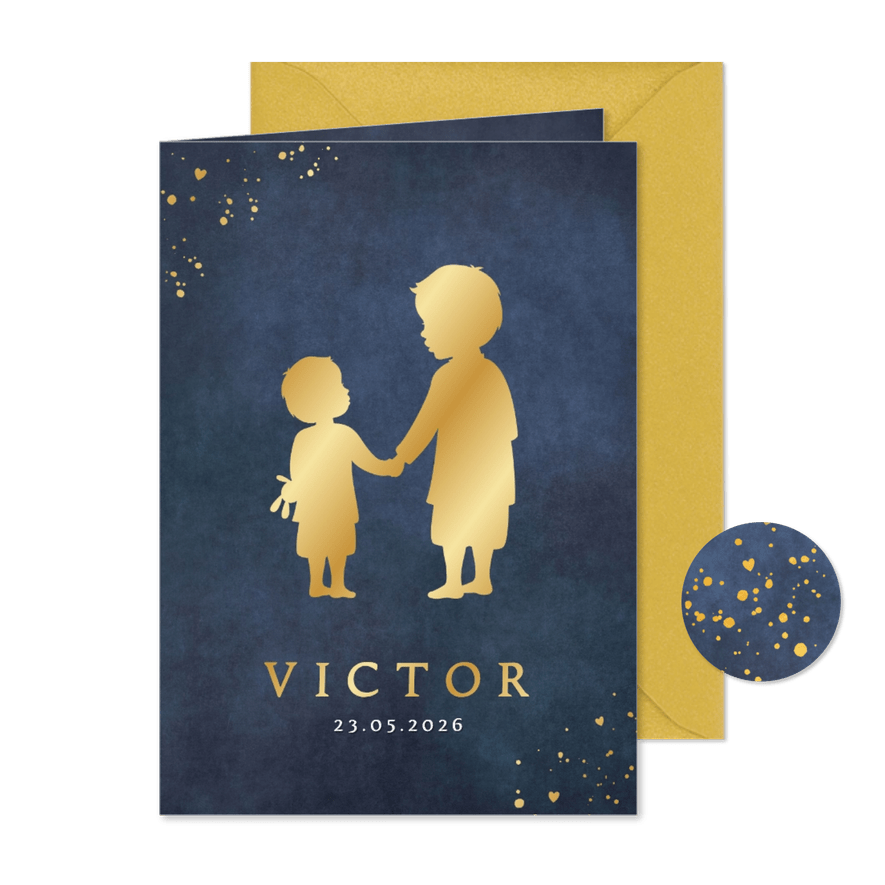 Stijlvol staand geboortekaartje met silhouet van 2 broers - Kaartimpressie