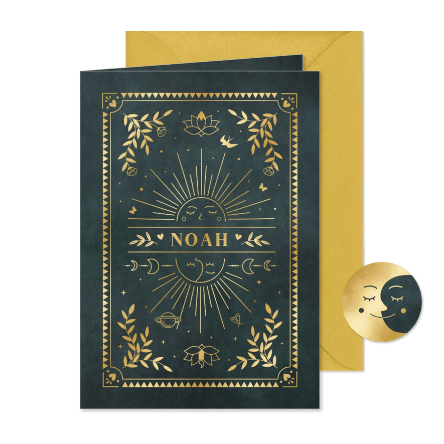 Stijlvol trendy geboortekaartje jongen met maan en zon - Kaartimpressie