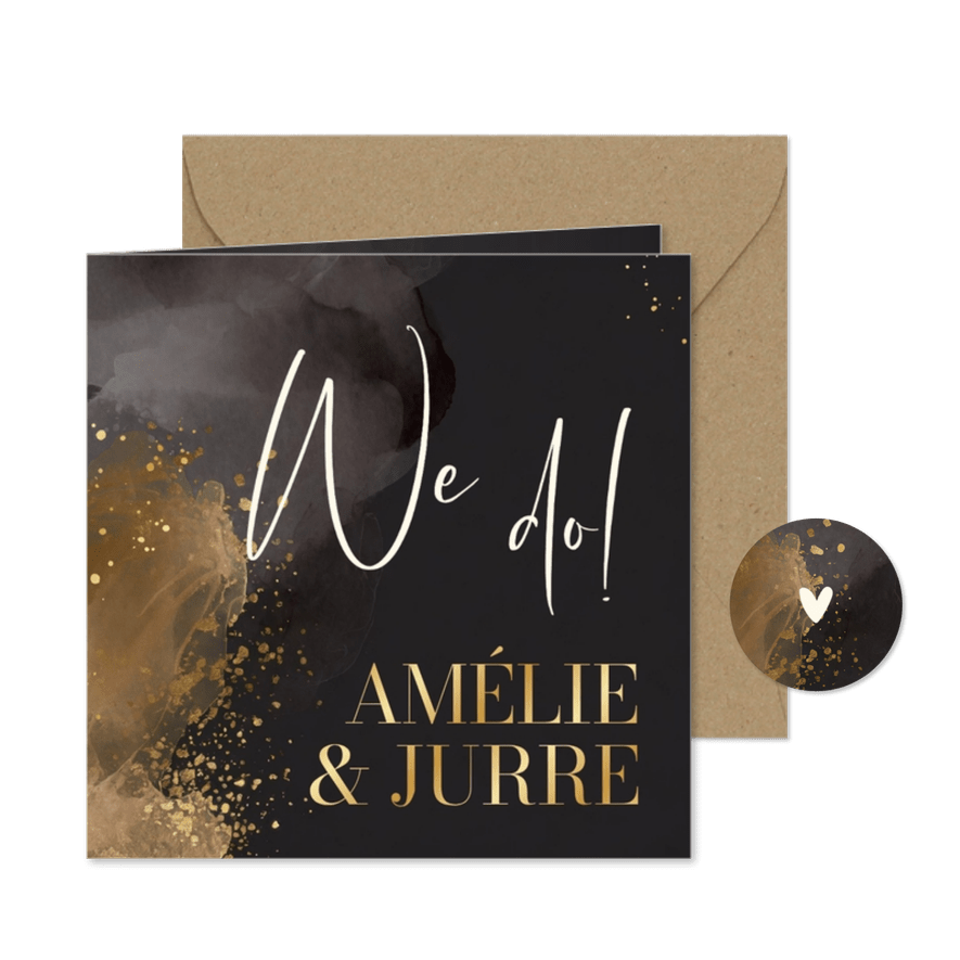Stijlvol trouwkaartje donker grijs waterverf en goud 'we do' - Kaartimpressie