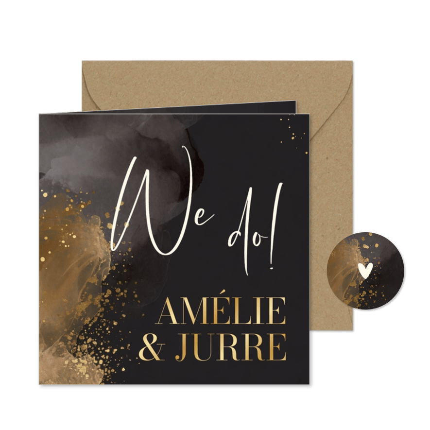 Stijlvol trouwkaartje donker grijs waterverf en goud 'we do' - Kaartimpressie