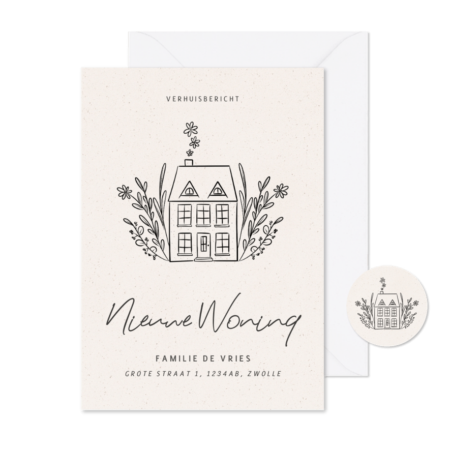 Stijlvol verhuiskaartje met illustratie huisje en bloemen - Kaartimpressie