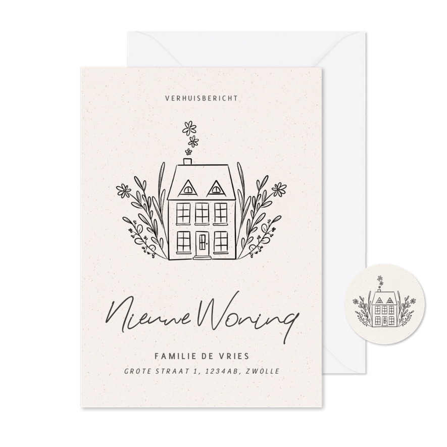 Stijlvol verhuiskaartje met illustratie huisje en bloemen - Kaartimpressie