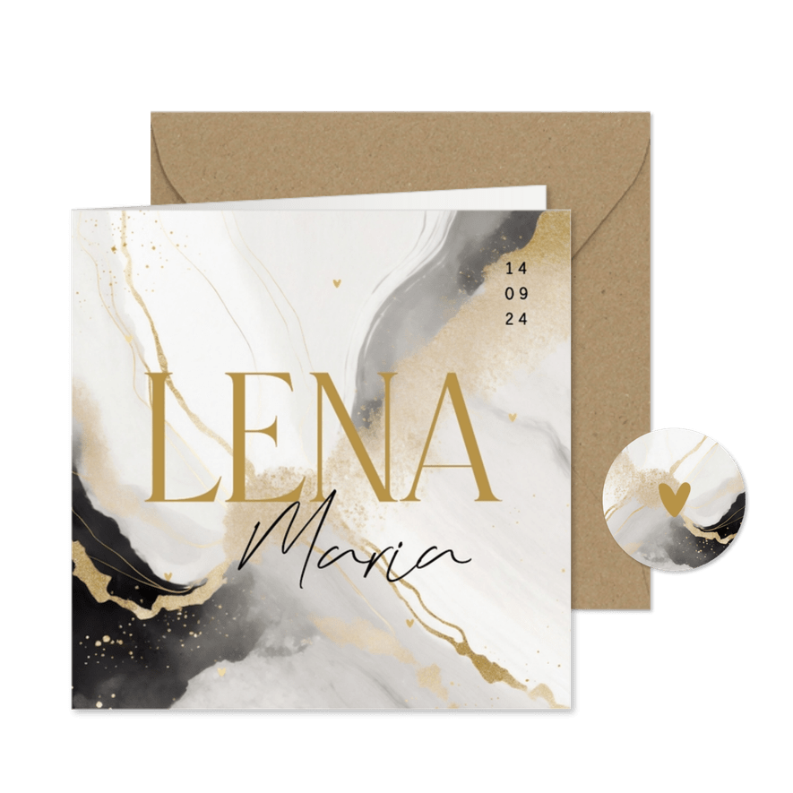 Stijlvol vierkant geboortekaartje marmer zwart wit goud - Kaartimpressie
