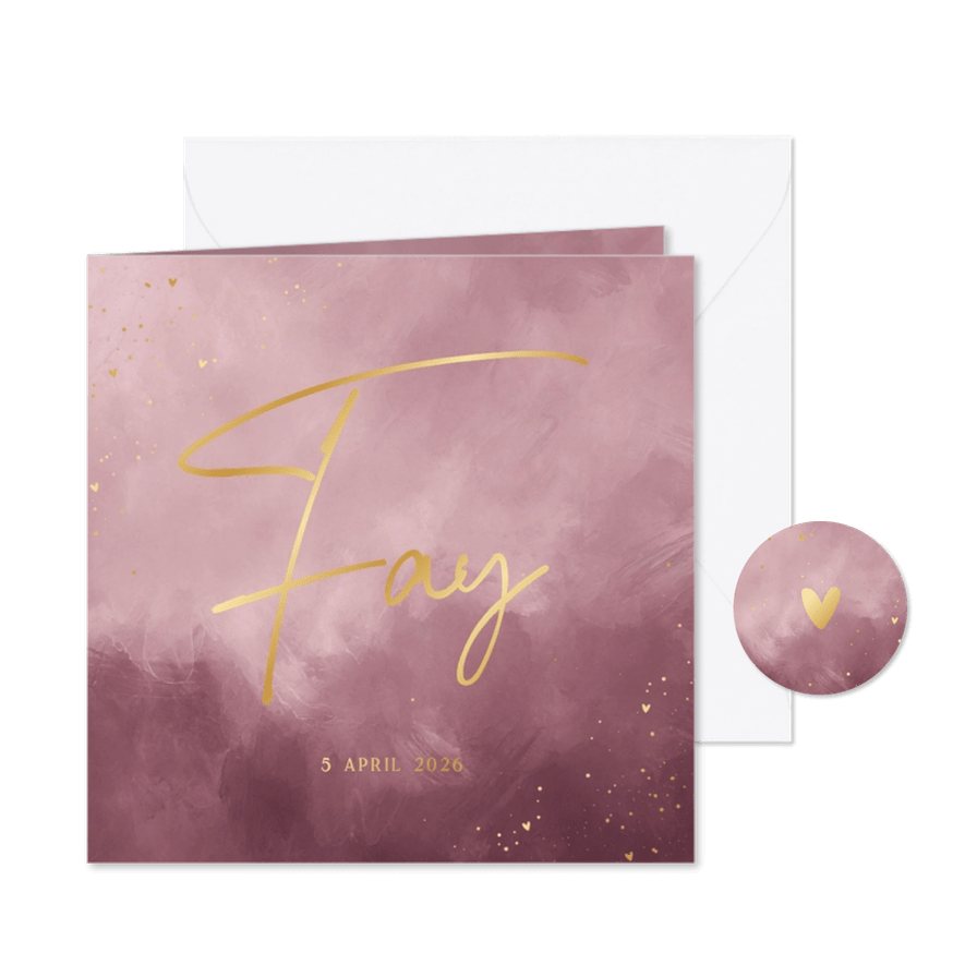 Stijlvol vierkant geboortekaartje paars waterverf goud  - Kaartimpressie