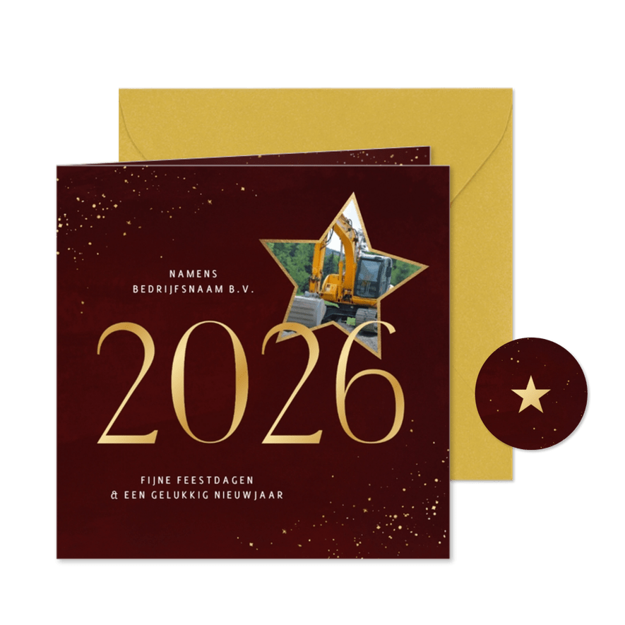 Stijlvol zakelijk kerstkaartje rood met 2026 en ster foto - Kaartimpressie