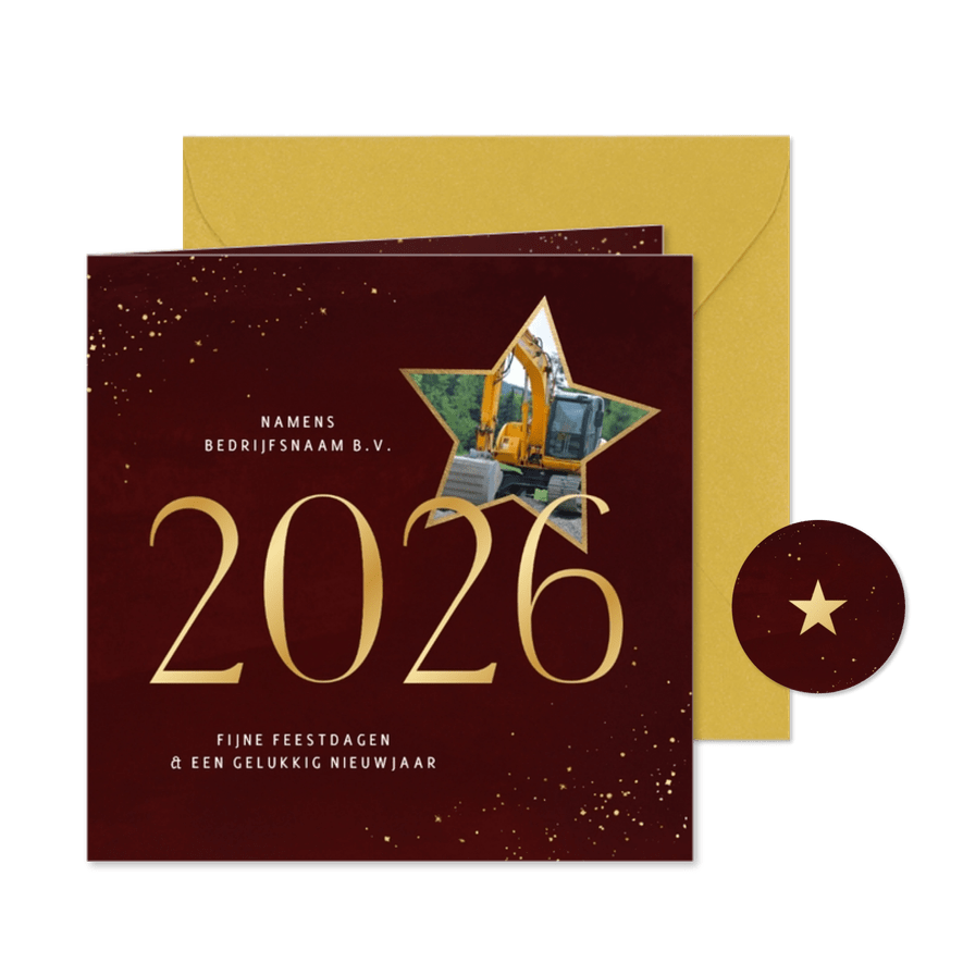 Stijlvol zakelijk kerstkaartje rood met 2026 en ster foto - Kaartimpressie