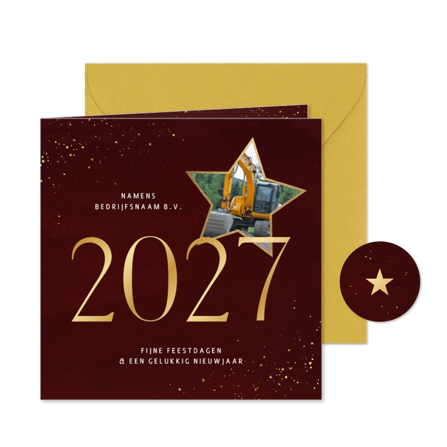 Stijlvol zakelijk kerstkaartje rood met 2027 en ster foto - Kaartimpressie