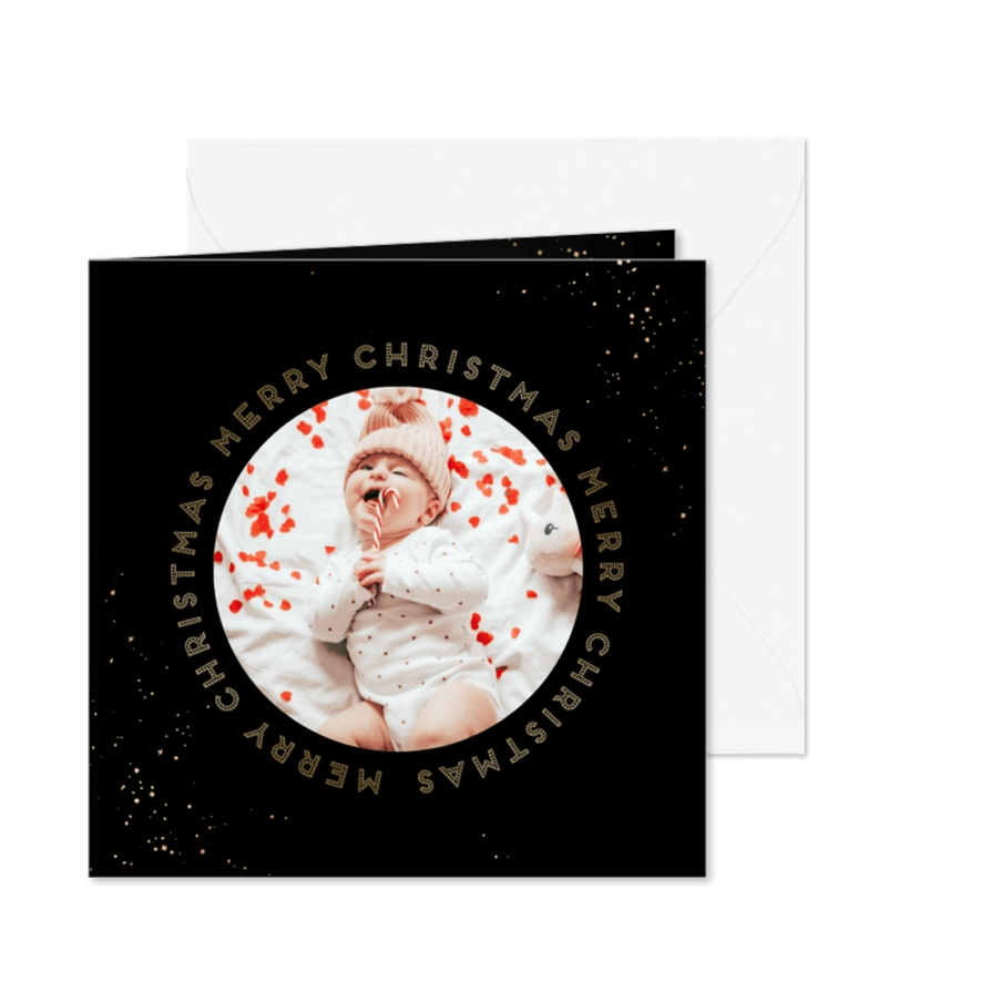 Stijlvol zwart kerstkaartje met merry christmas in cirkel - Kaartimpressie