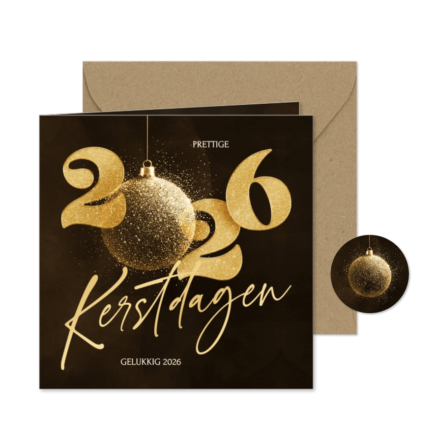 Stijlvolle 2026 kerstkaart met sprankelende kerstbal - Kaartimpressie