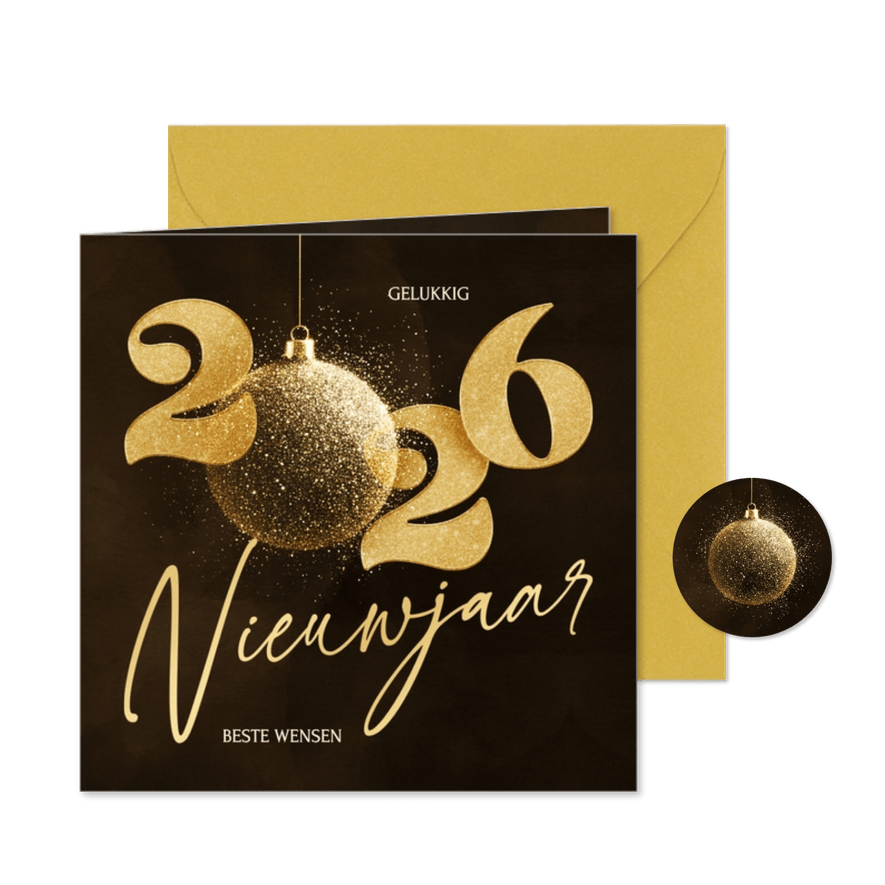 Stijlvolle 2026 nieuwjaarskaart met sprankelende kerstbal - Kaartimpressie