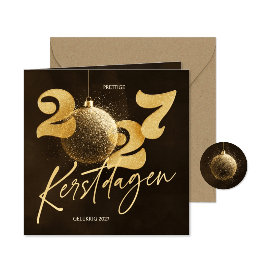 Stijlvolle 2027 kerstkaart met sprankelende kerstbal - Kaartimpressie