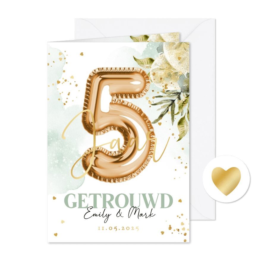 Stijlvolle 5 jaar getrouwd jubileumkaart botanisch goud - Kaartimpressie