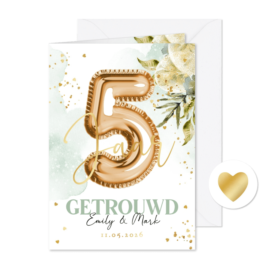 Stijlvolle 5 jaar getrouwd jubileumkaart botanisch goud - Kaartimpressie