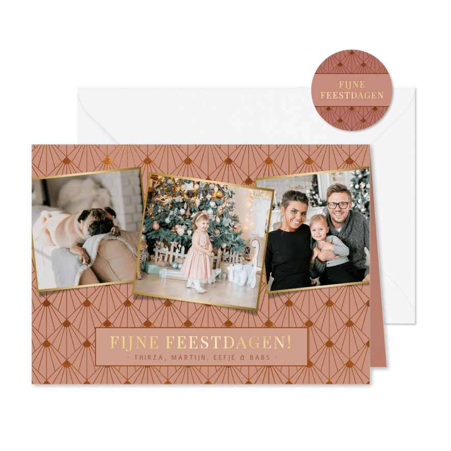 Stijlvolle art -deco roze kerstkaart met 3 eigen foto's - Kaartimpressie