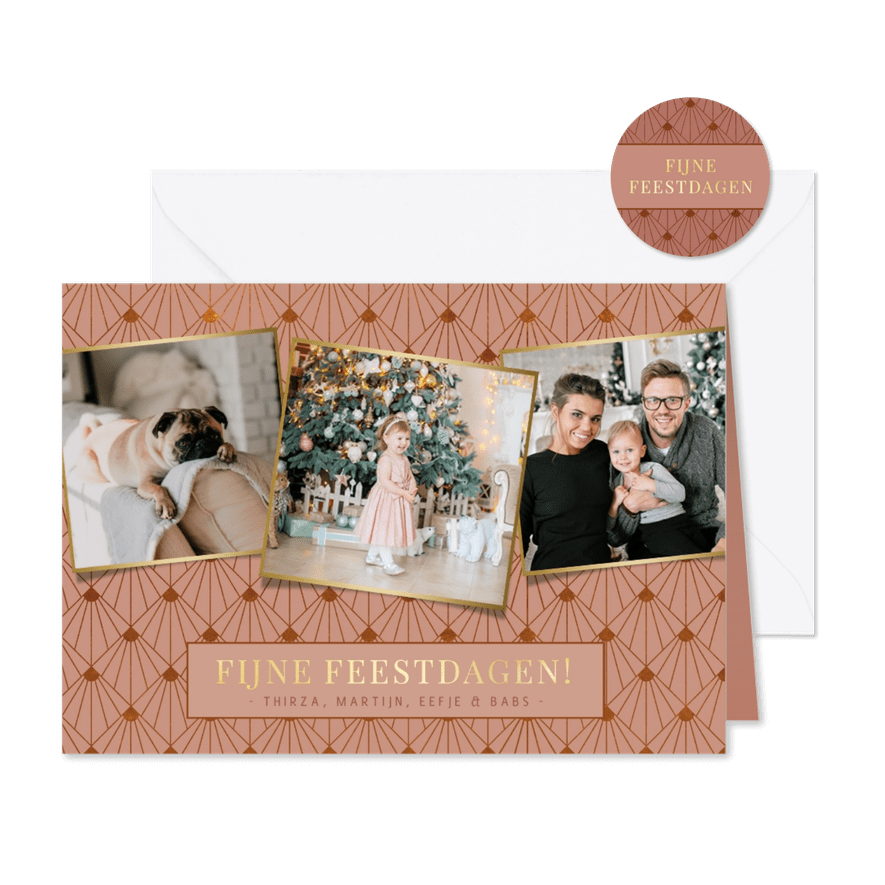 Stijlvolle art -deco roze kerstkaart met 3 eigen foto's - Kaartimpressie